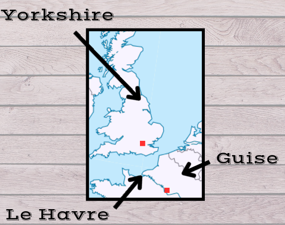 Carte qui indique où se situent : Guise, Le Havre, le Yorkshire